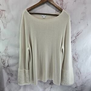 J Jill Sweater Women XL Cream White Faux Fur Sleeves Mixed Media Round Neck